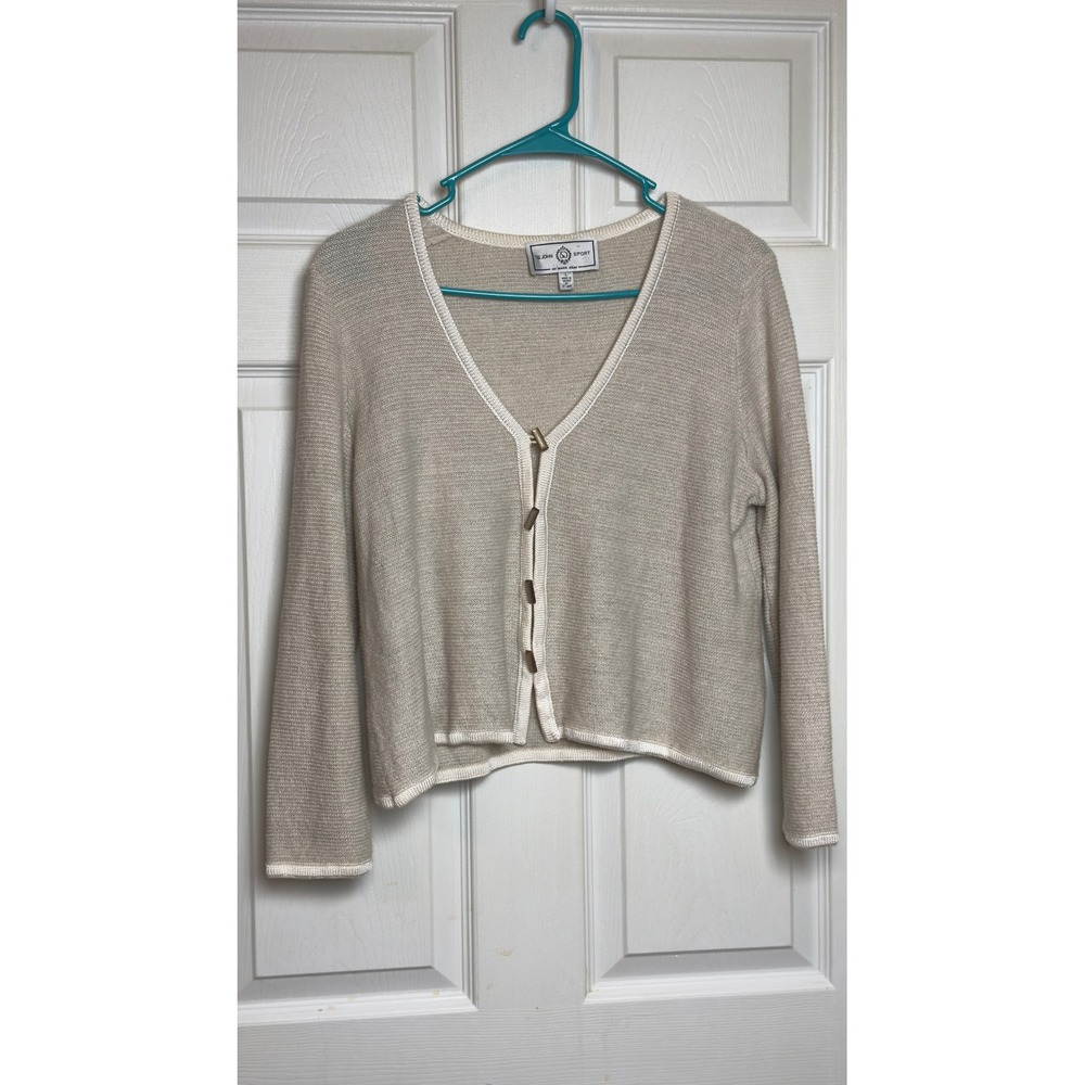 St John Sport Marie Gray Beige Wool Linen Knit Toggle Cardigan Sweater Womens L